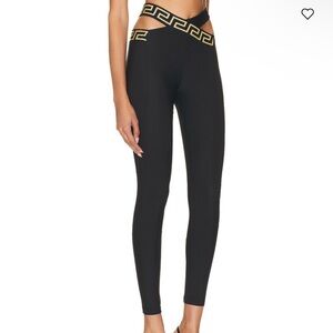 Versace Black Leggings with Gold Greek-Key Waistband